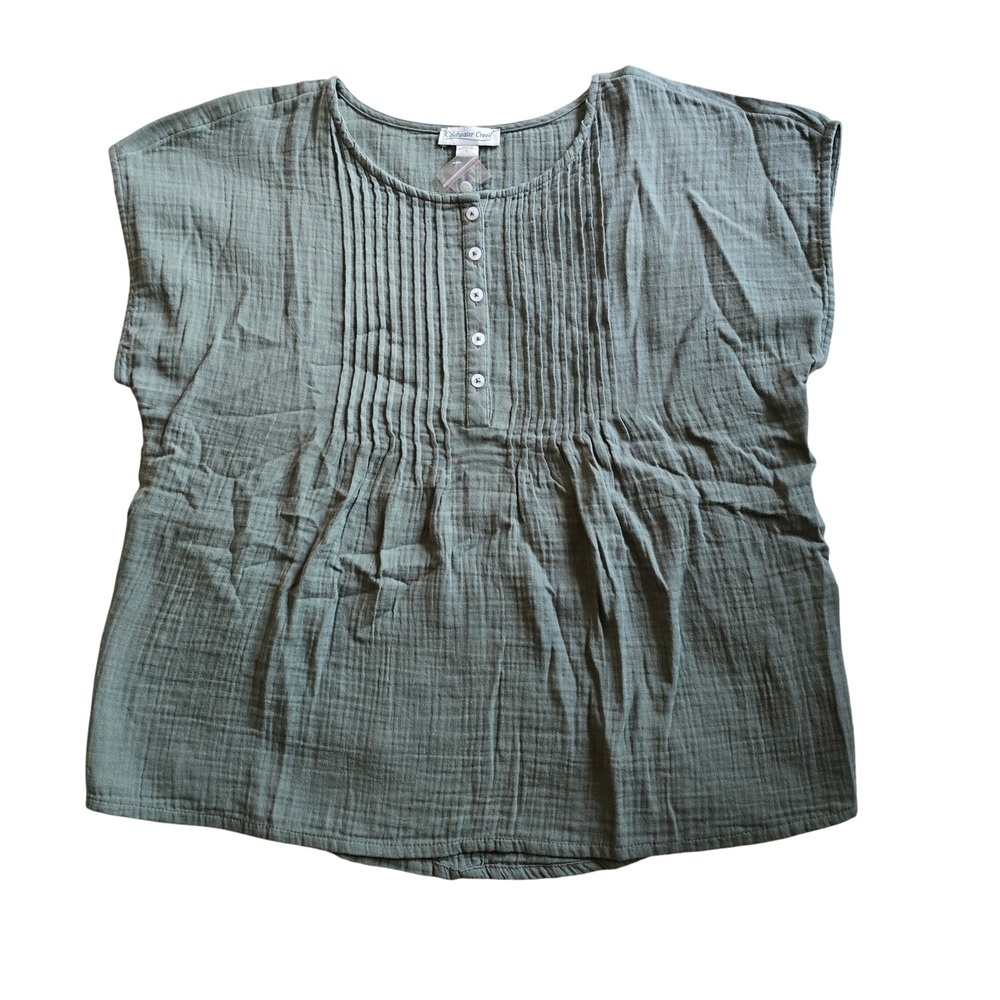 Coldwater Creek Sage Green 100% Cotton Gauze Pintuck Henley Blouse Top Size L